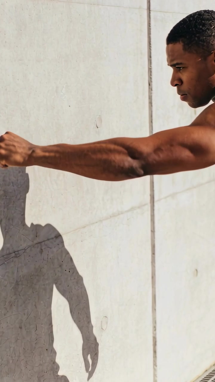 Vertical video: Bringing shirtless man holding blue weight at concrete wall for workout, copy space