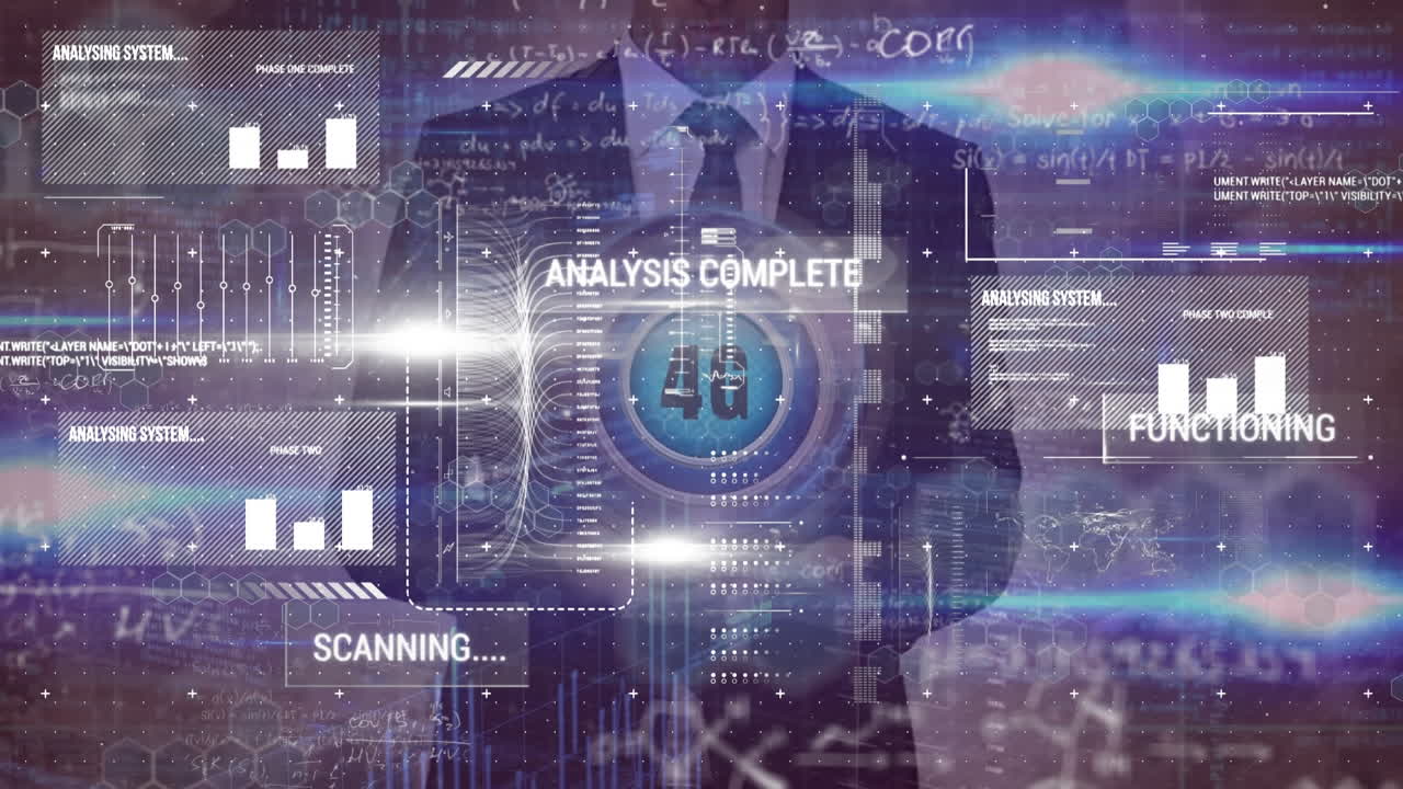 Animation of graphs, texts, mathematical sums ,4g text on hands of caucasian businessman