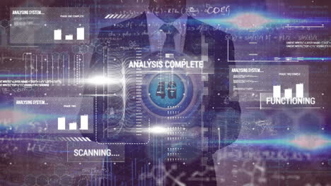 animation of graphs, texts, mathematical sums ,4g text on hands of caucasian businessman