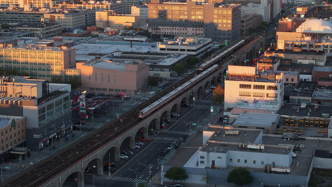 Aerial view of the New York City subway on an autumn morning. Shot in Queens in 4k.
