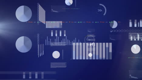 Animation of financial data processing over light trails on blue background