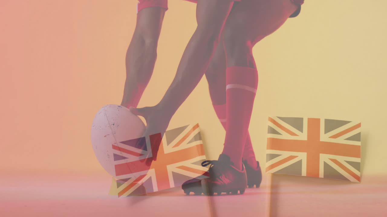Man placing rugby ball in studio, showcasing health marketing with animated Union Jack graphics