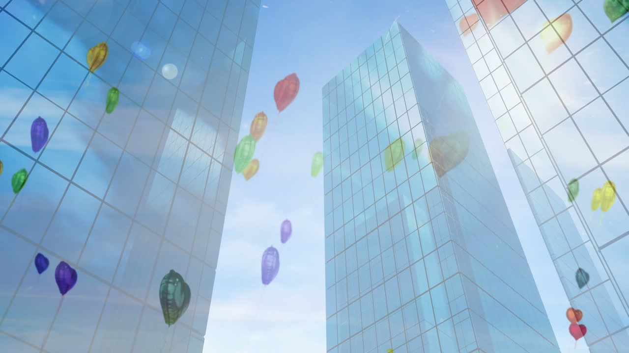 도시 풍경 위에 떨어지는 아이콘의 애니메이션