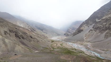 aerial drone shot showcasing the stark beauty of ladakh’s barren landscape under clear blue skies.