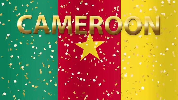 Bandiera animata del Camerun che sventola dietro testo 3D dorato e particelle scintillanti in un loop continuo