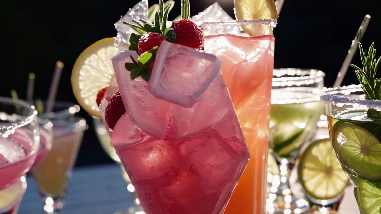 Variety of Refreshing Cocktails with Fruit Garnishes in Sunlight