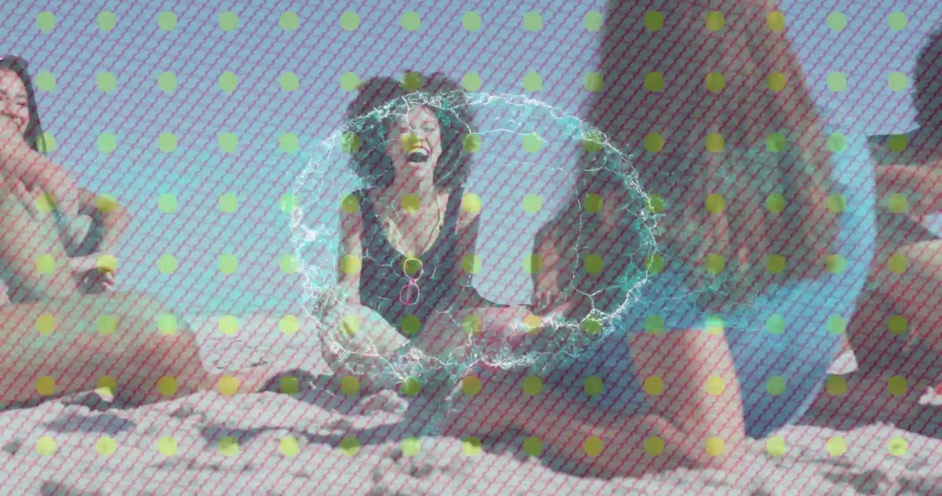 Animação de cérebro digital e pontos sobre amigos diversos na praia.