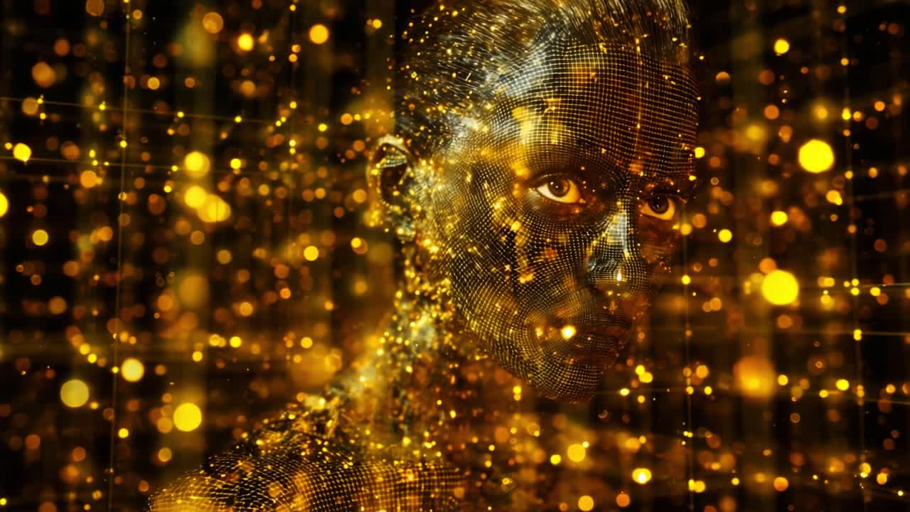 A captivating visual of a digitally rendered humanoid figure composed of shimmering gold particles, showcasing a blend of technology and artistry through an ethereal glow and intricate details