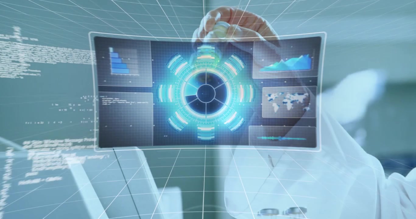 Animation of data processing over business people using phone headsets