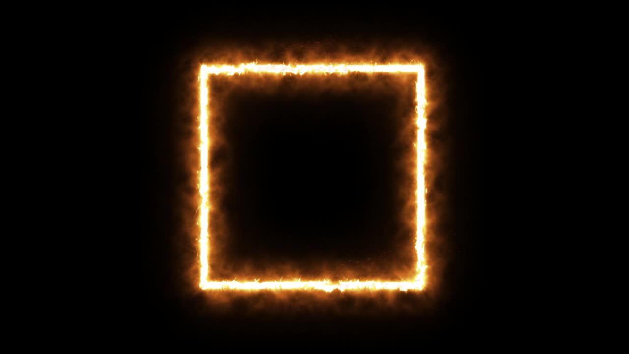 An empty frame with a fiery border glows, burns with flame. square frame animated background.