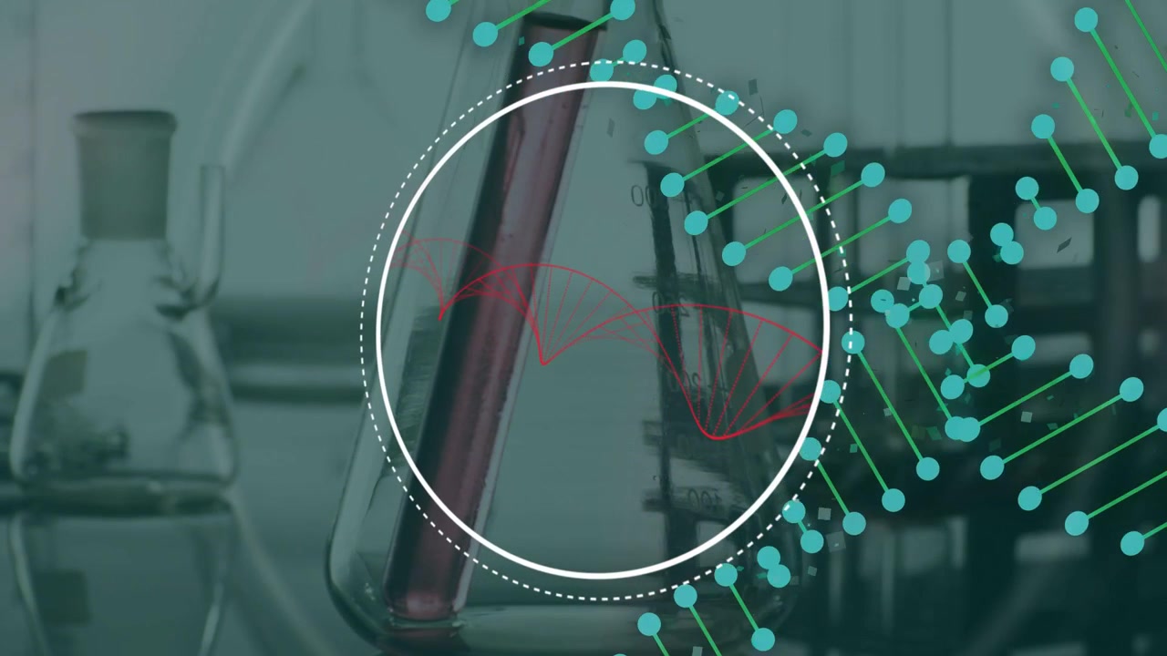 Flask with tilted test tube centered, HUD appearing, nodes animating, waveform tracing to show data