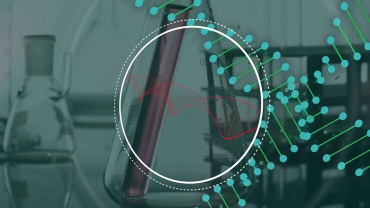 Flask with tilted test tube centered, HUD appearing, nodes animating, waveform tracing to show data
