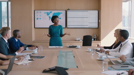 business woman presenting successful solution to shareholders celebrating with applause congratulating female executive for growth in sales clapping hands in office boardroom meeting