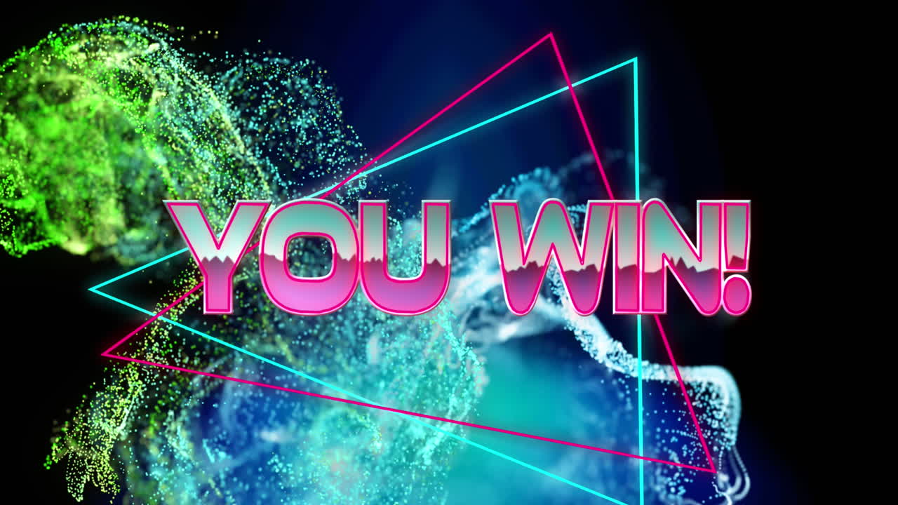 animación de usted ganar banner de texto sobre azul brillante onda digital contra fondo negro