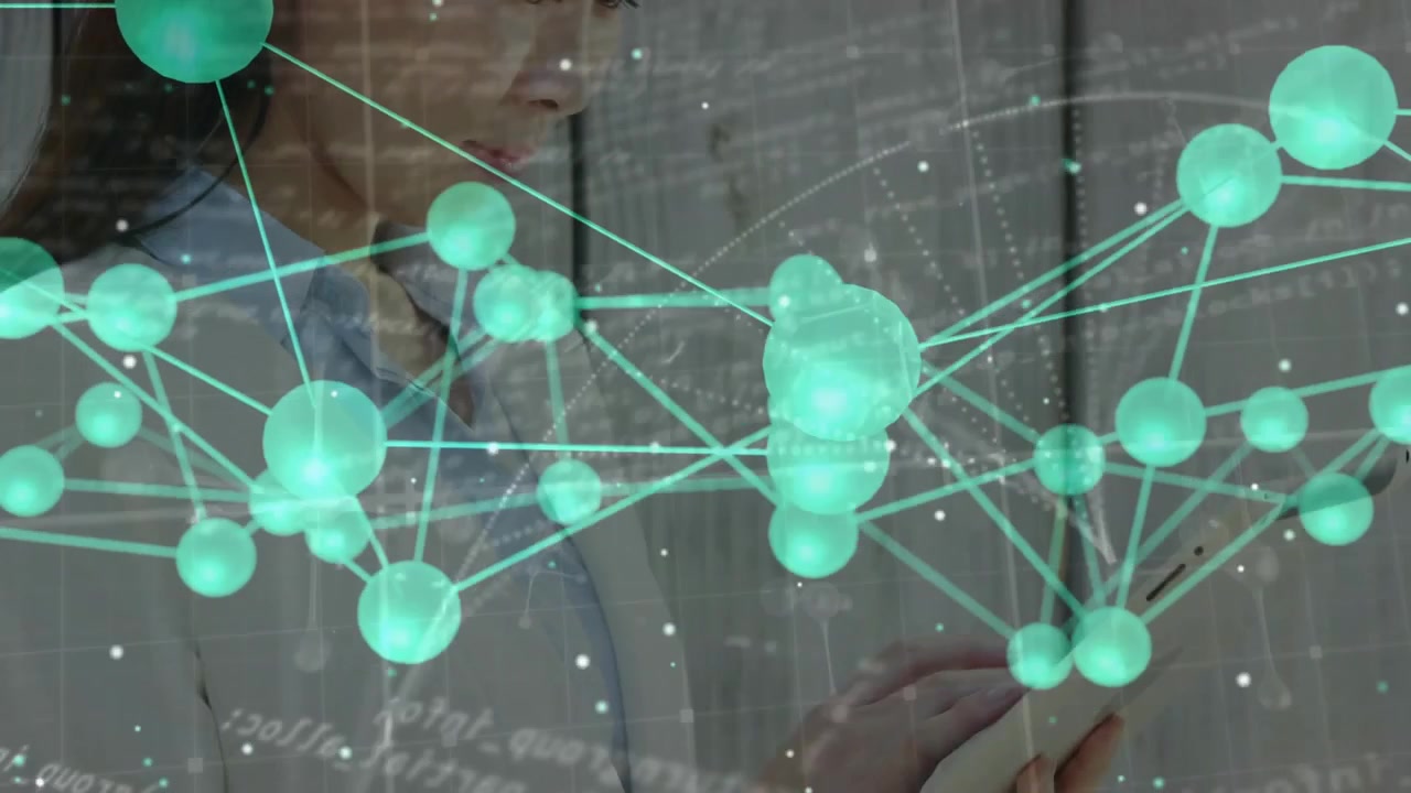 Woman tapping tablet, swiping screen, causing turquoise network to shift, revealing tech analytics