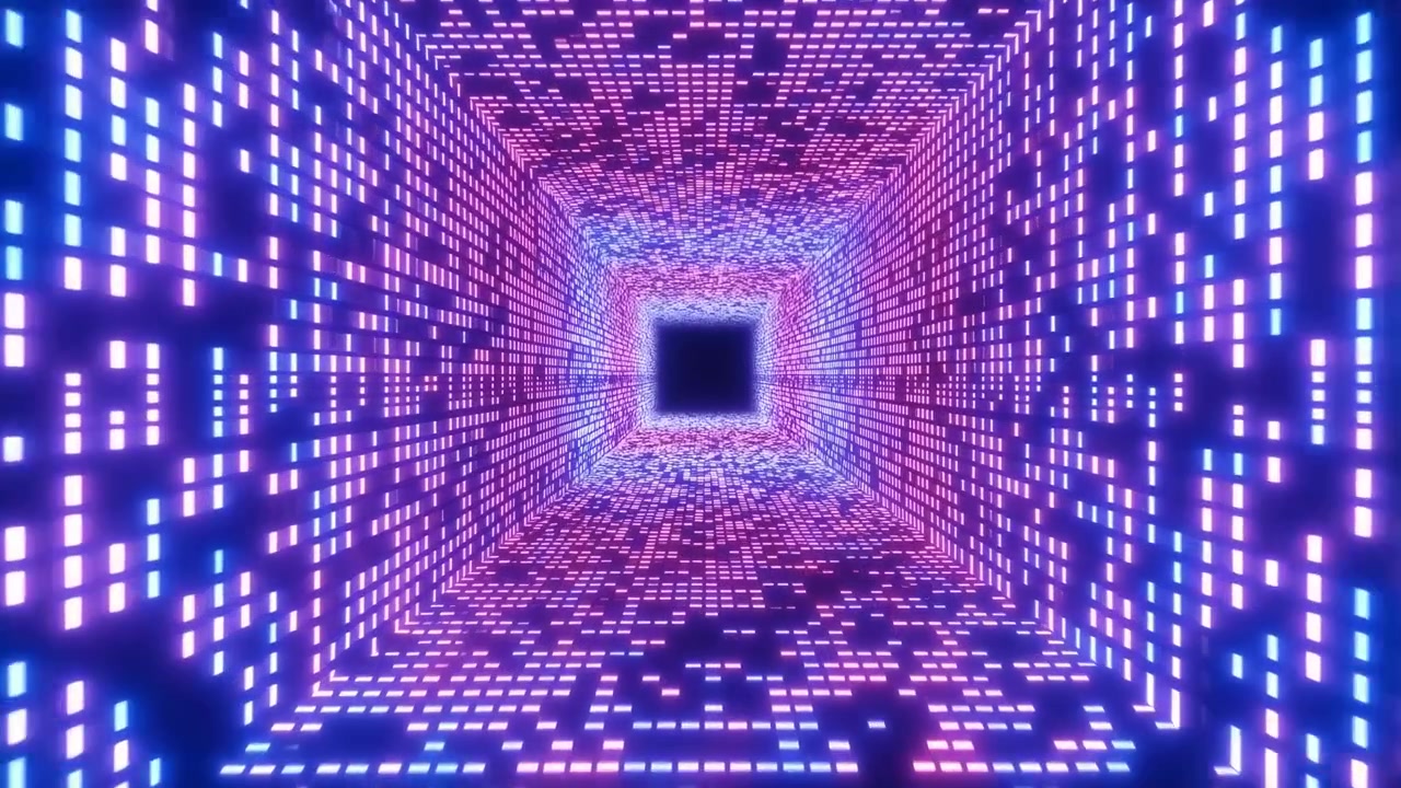 Rows of bright rectangular lights shift across floor, ceiling, and side walls as the symmetrical tunnel recedes toward a dark central square, creating vivid blue and pink depth.