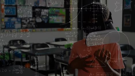 animación de fórmulas matemáticas sobre un escolar usando auriculares vr