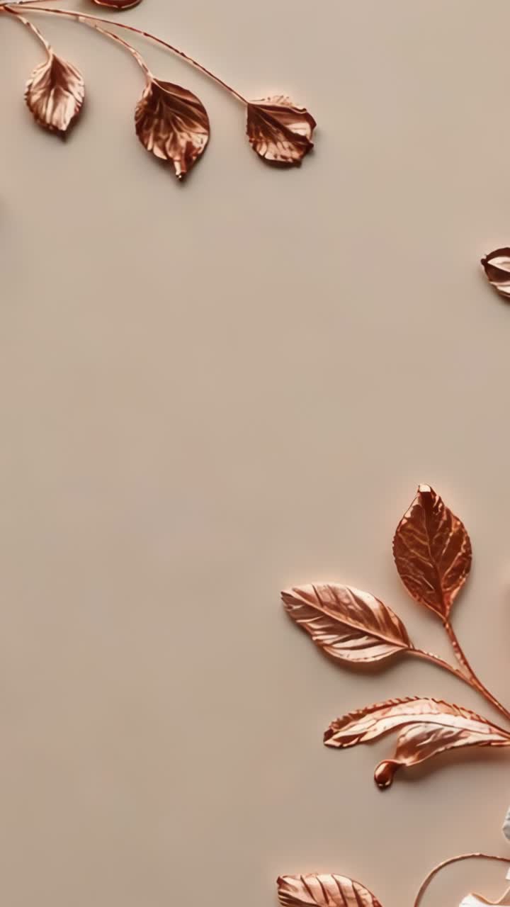 Vertical video: Beginning panning camera across beige backdrop, revealing rose gold leaf ornaments