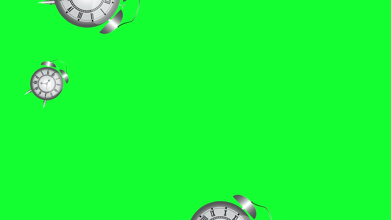 Group of animated cartoon vintage old style clocks, green screen chroma key background