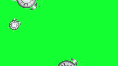 group of animated cartoon vintage old style clocks, green screen chroma key background