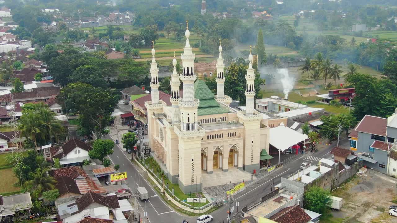 Suciati Saliman Mosque, Sleman city in Indonesia. Aerial orbiting