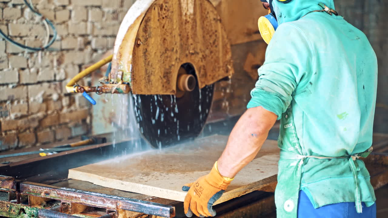 Man worker controls the factory CNC machine. Automated machine for cutting stone slab. Running water while sawing the stove indoors.