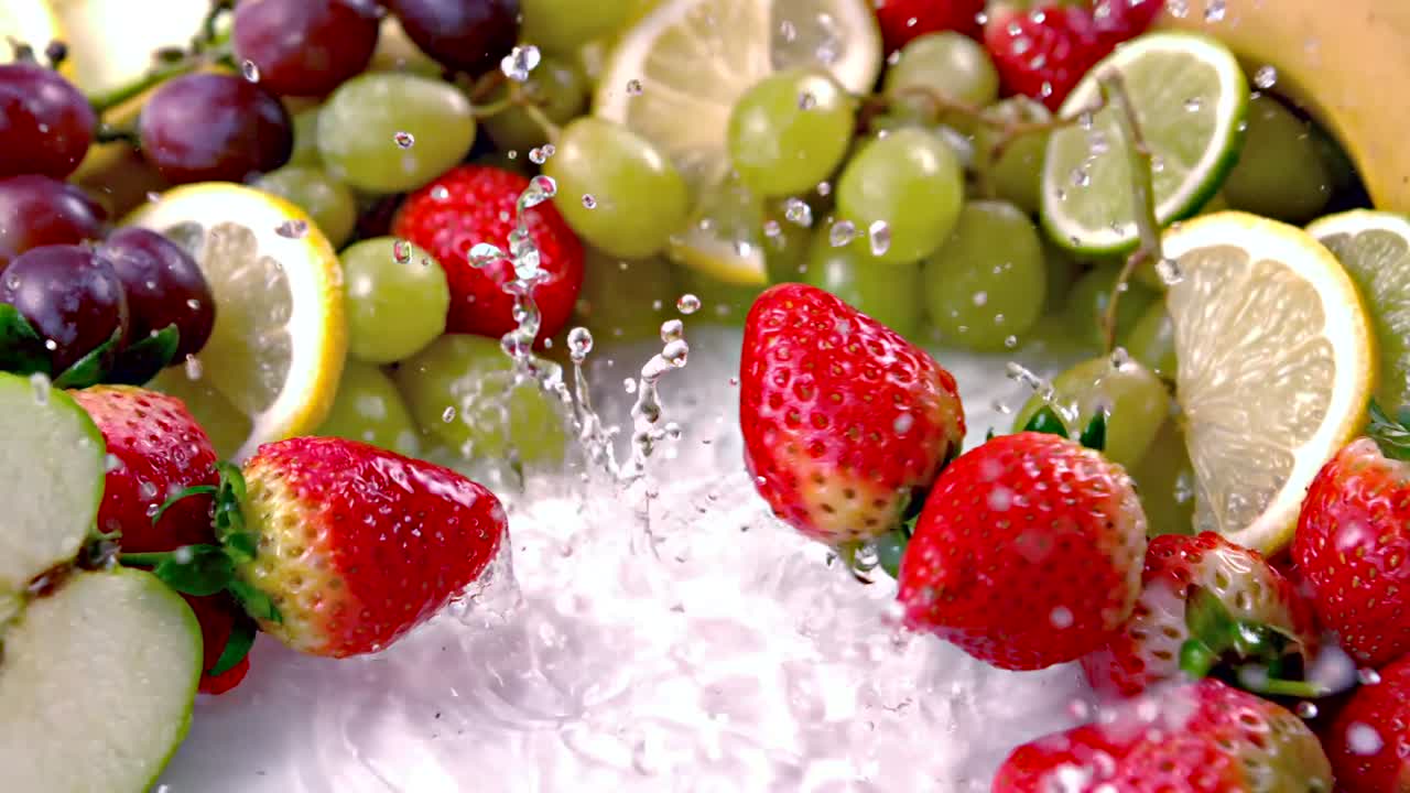 unas cuantas fresas cayendo en el agua