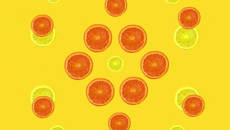 animación brillante de naranja y limón sobre un fondo amarillo.