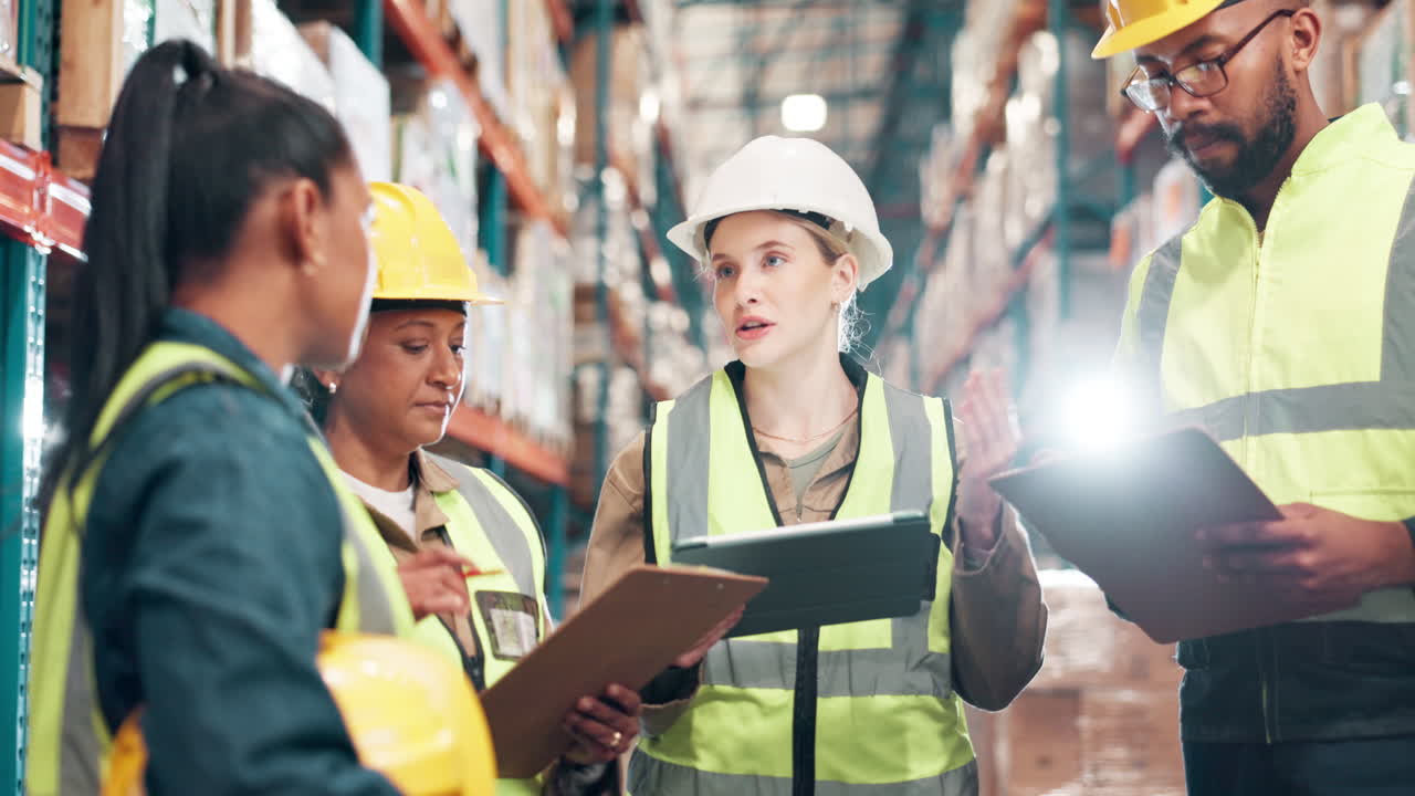 trabajadores del almacén discutiendo el inventario