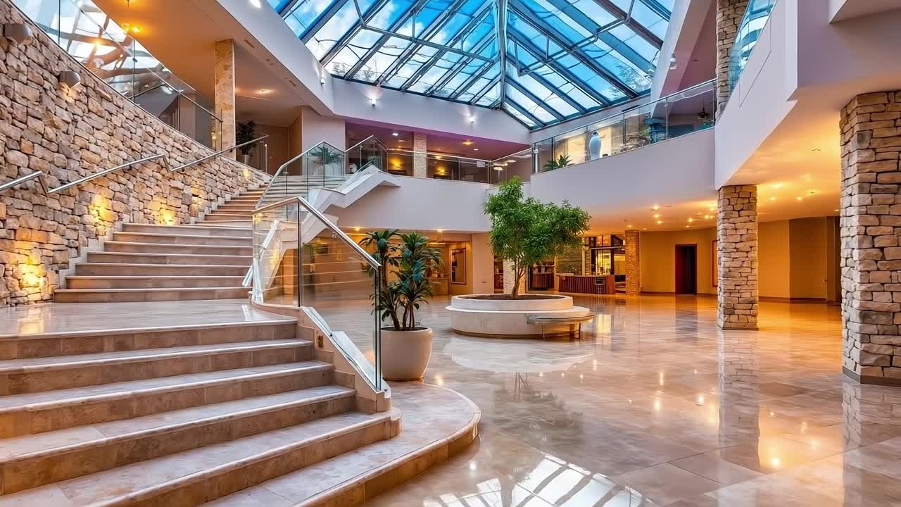 A large lobby with a glass roof and stairs