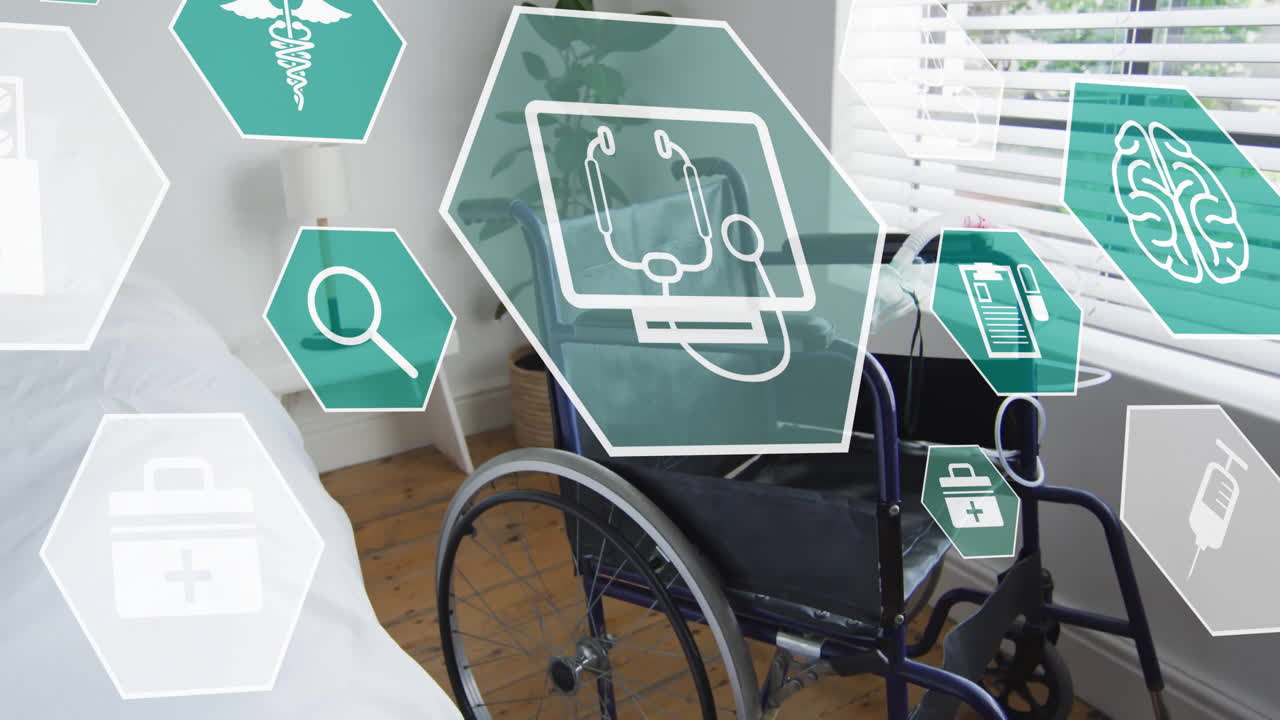 Animation of medical icons over empty wheelchair
