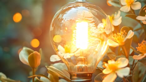 a light bulb sitting on top of a plant with flowers