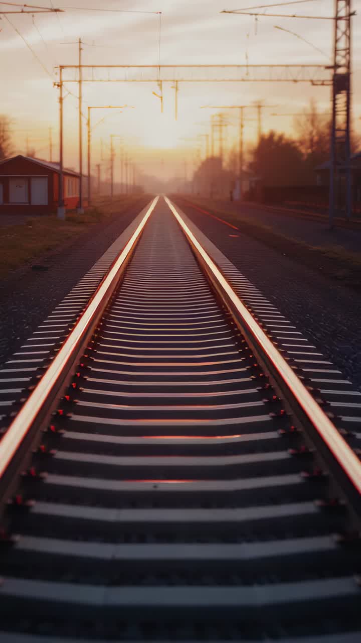 Vertical video: Dolly starting camera moving to horizon on rural track to frame sun, rails glowing