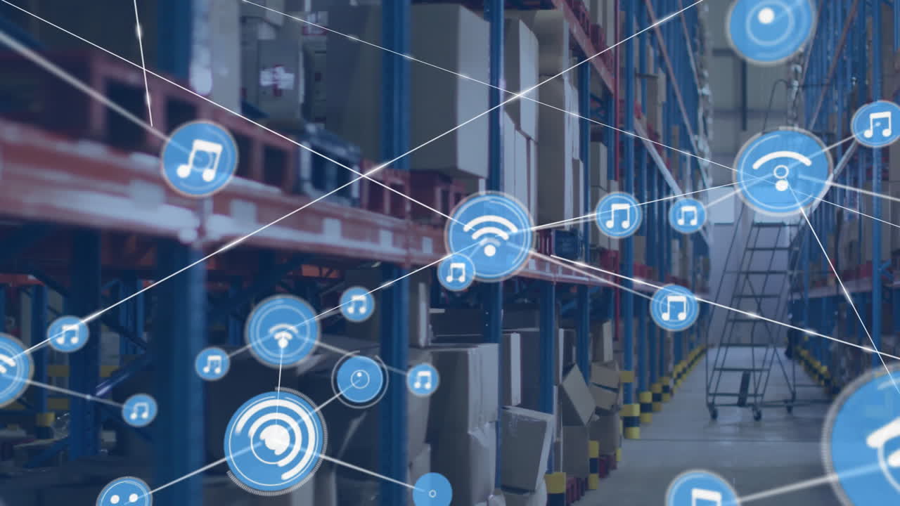 música y iconos de wi-fi animación sobre almacén con estantes y cajas