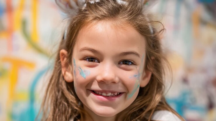 Un bambino gioioso con trucco colorato sul viso e una fascia scintillante sorride radiantemente su uno sfondo vivace, catturando l'essenza della felicità infantile.