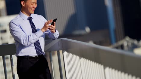 ethnic businessman using wireless app on city rooftop