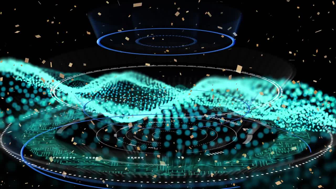 검은 바탕에 둥근 스캐너와 디지털 파도에 맞서 떨어지는 콘페티의 디지털 애니메이션
