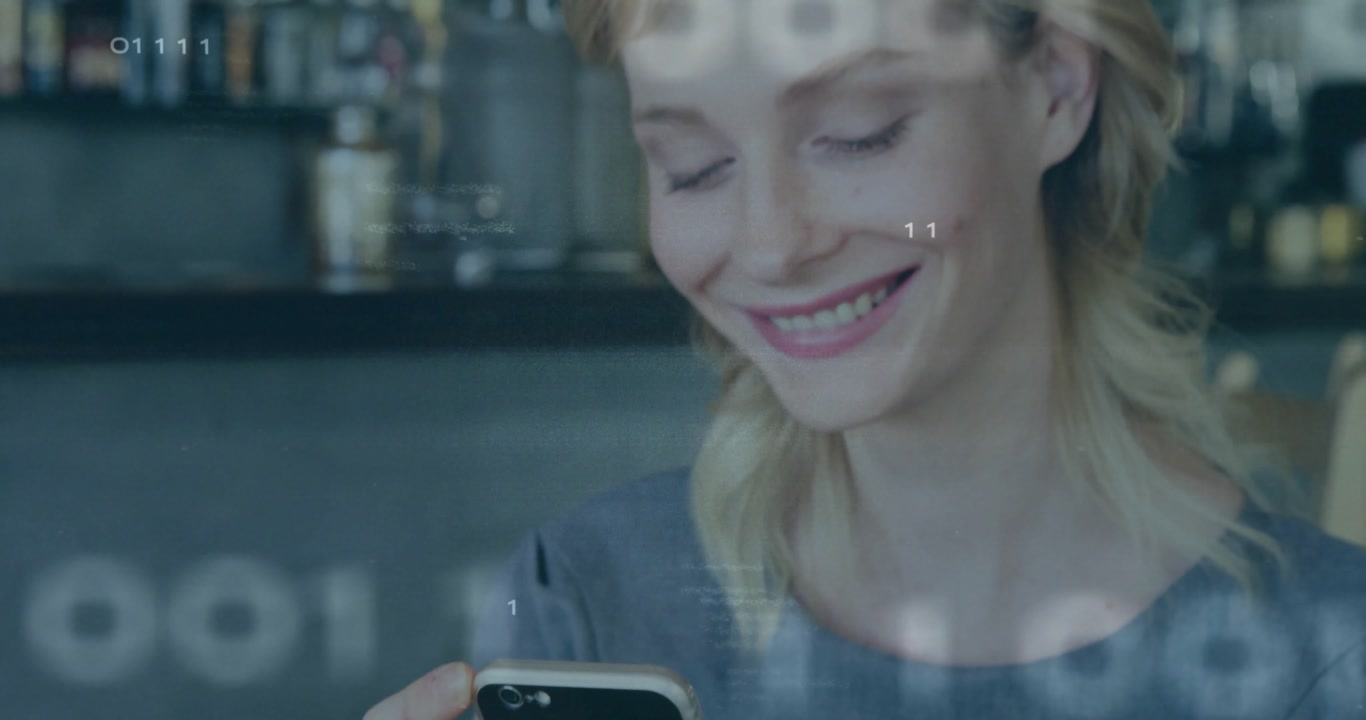 Woman receiving tech message, tapping phone scrolling chat, binary code flowing, sending reply