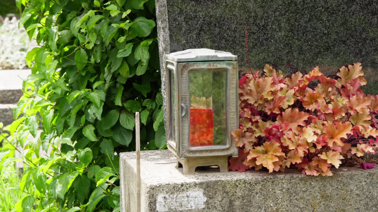 Lanterna su lapide al Zentralfriedhof, Vienna, con heuchera a foglie rosse e arbusto di corniolo verde. Tranquilla scena commemorativa in cimitero alla luce del giorno.