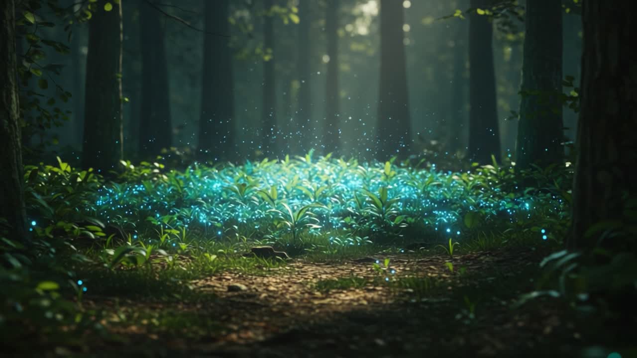 Mesmerizing Glow of Bioluminescent Flora in Enchanted Forest Illuminated by Gentle Light, Creating a Dreamlike Atmosphere Amidst Tall Trees and Lush Greenery