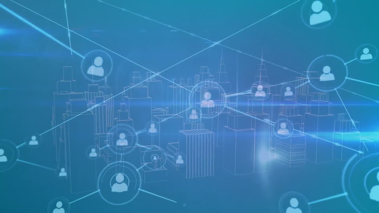 プロフィールとライトトレイルのネットワークのアニメーションは青い背景の3d都市モデルを回転させます