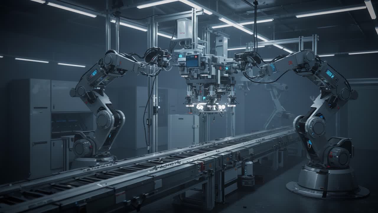 Futuristic Robotic Arms in a High-Tech Manufacturing Facility, Showcasing Advanced Automation and Precision Engineering in an Industrial Environment
