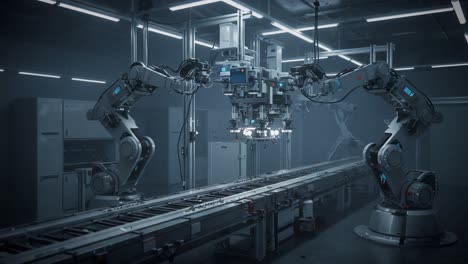 futuristic robotic arms in a high-tech manufacturing facility, showcasing advanced automation and precision engineering in an industrial environment