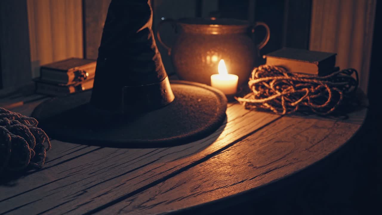 A moody, low-angle video shot of a witch's hat on a rustic table, lit by candlelight