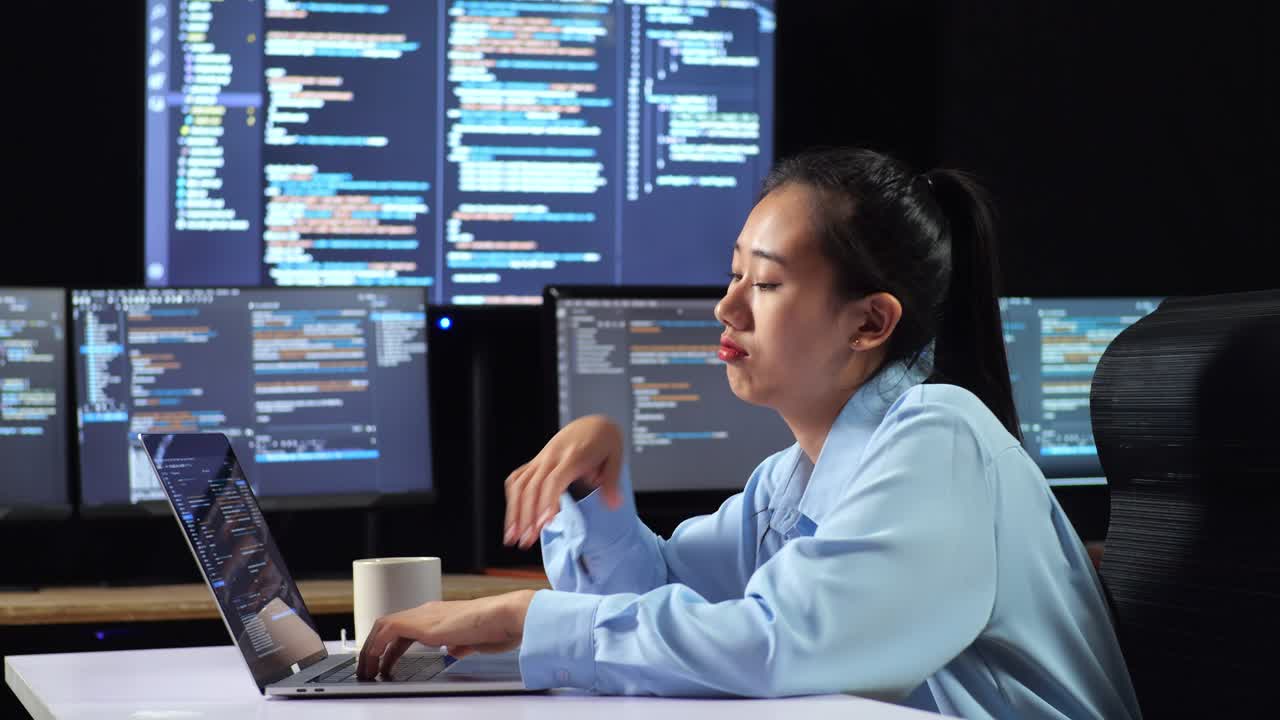 Side View Of Asian Female Programmer Being Bored Writing Code By A Laptop Using Multiple Monitors Showing Database On Terminal Window Desktops In The Office