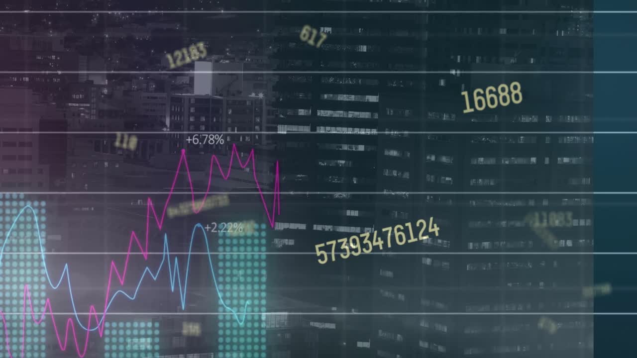 Animation of financial data processing over night cityscape