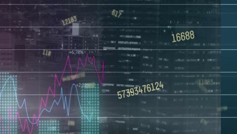 animation of financial data processing over night cityscape