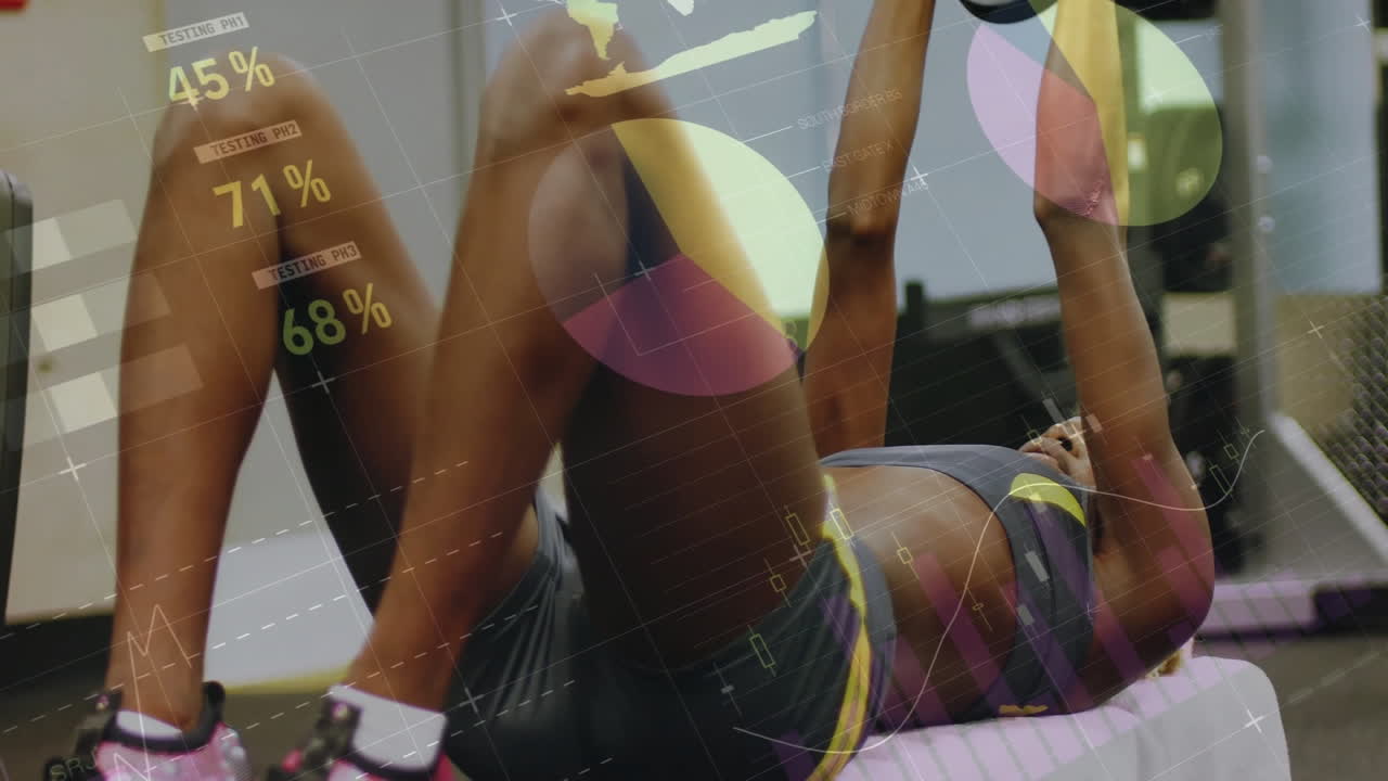 Exercising with weights, woman with fitness data animation overlay in gym