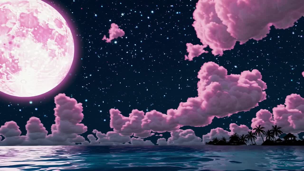 Uma cena de vídeo surreal com uma visão em ângulo baixo de uma lua rosa e nuvens sobre um oceano calmo.