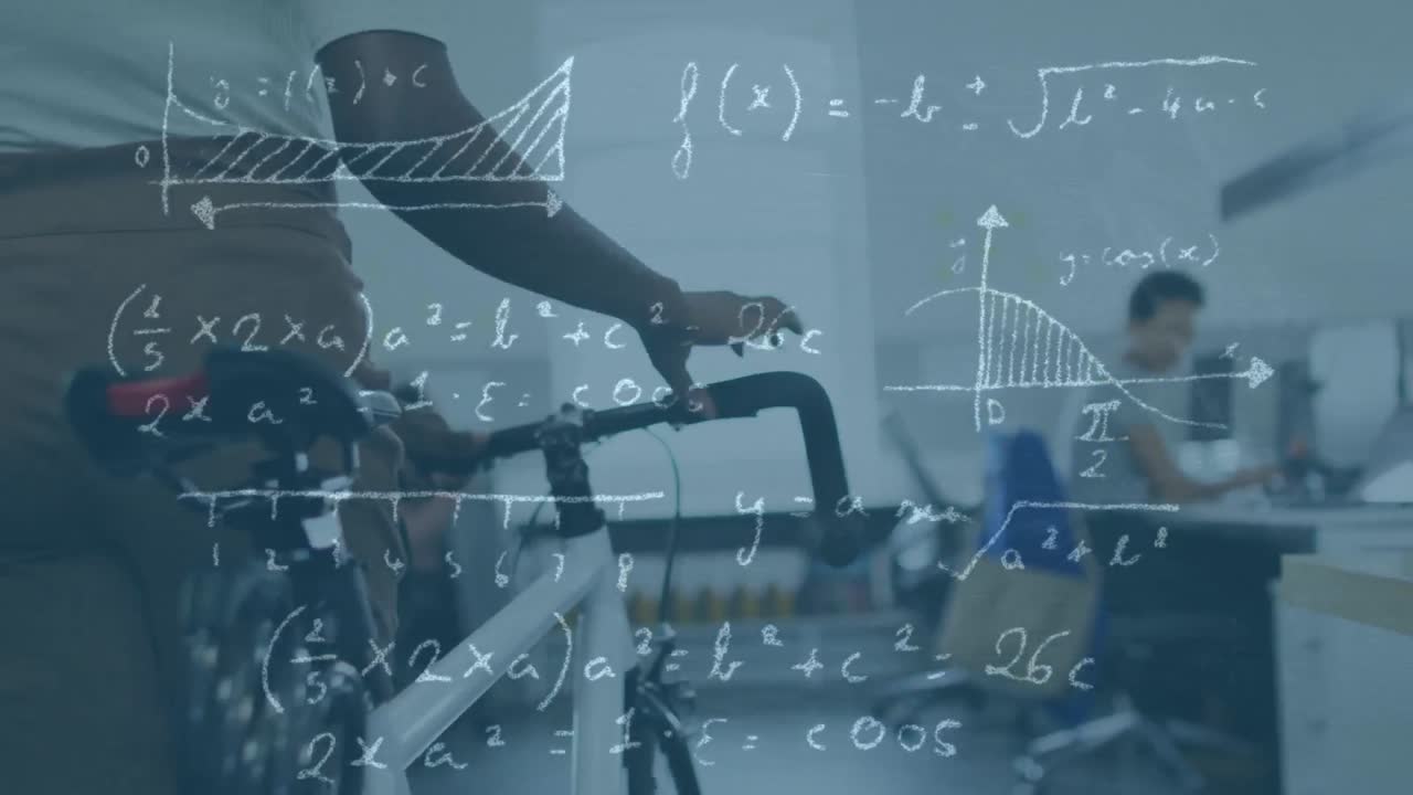 사무실에서 자전거를 타고 있는 다양한 사업가들에 대한 데이터 처리 애니메이션